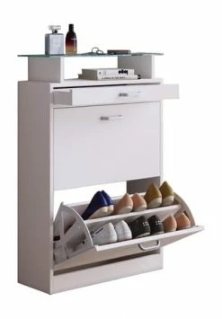 VCM. - My Home Holz Regal Kipper Schuhregal Schuhschrank Schuhkipper 2 Klappen Ablage Braso Weiß