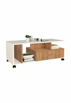 VCM. - My Home Holz Beistelltisch Couchtisch Sofatisch Wohnzimmertisch Rollen Schublade Silus Weiß / Honig-Eiche