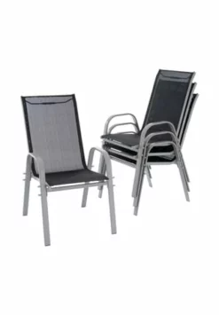 VCM. 4er Set Stapelstuhl Rahmen Hellgrau Textilene Schwarz Gartenstuhl Stapelsessel Schwarz
