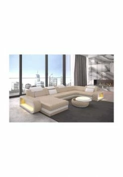 SOFA DREAMS Wohnlandschaft Leder Berlin Beige-weiß