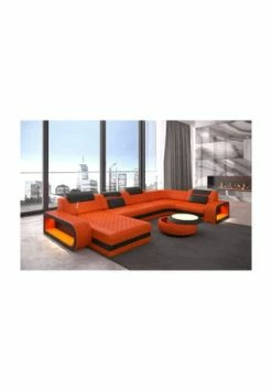 SOFA DREAMS Wohnlandschaft Leder Berlin Orange-schwarz
