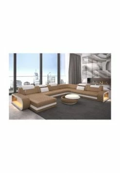 SOFA DREAMS XXL Wohnlandschaft Leder Berlin Beige-weiß