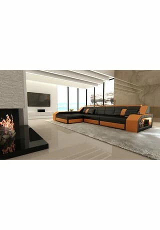 SOFA DREAMS Ecksofa Leder Arezzo Schwarz-orange 4 SOFA DREAMS Ecksofa Leder Arezzo Schwarz-orange – Bild 4
