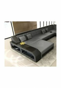 SOFA DREAMS Wohnlandschaft Leder Arezzo Grau-schwarz