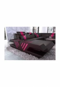 SOFA DREAMS Wohnlandschaft Leder Venedig Schwarz-pink