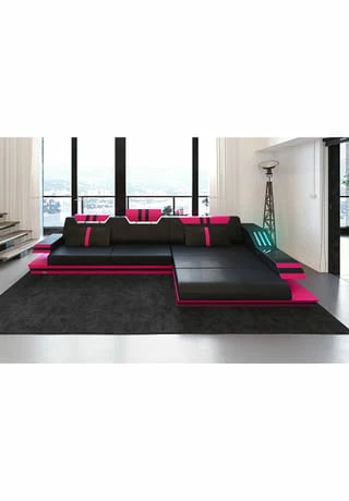SOFA DREAMS Ecksofa Leder Ravenna Schwarz-pink 2 SOFA DREAMS Ecksofa Leder Ravenna Schwarz-pink – Bild 2