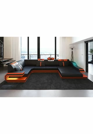 SOFA DREAMS Wohnlandschaft Leder Ravenna Schwarz-orange 2 SOFA DREAMS Wohnlandschaft Leder Ravenna Schwarz-orange – Bild 2