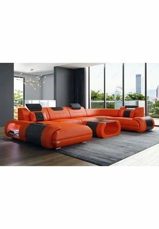 SOFA DREAMS Wohnlandschaft Leder Rimini Orange-schwarz 2 SOFA DREAMS Wohnlandschaft Leder Rimini Orange-schwarz – Bild 2