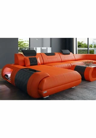SOFA DREAMS Wohnlandschaft Leder Rimini Orange-schwarz 3 SOFA DREAMS Wohnlandschaft Leder Rimini Orange-schwarz – Bild 3