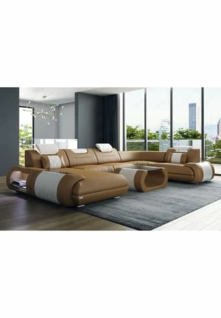 SOFA DREAMS Wohnlandschaft Leder Rimini Sandbeige-weiss 2 SOFA DREAMS Wohnlandschaft Leder Rimini Sandbeige-weiss – Bild 2