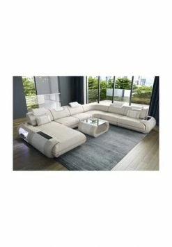 SOFA DREAMS XXL Wohnlandschaft Leder Rimini Beige-weiß