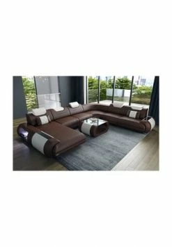 SOFA DREAMS XXL Wohnlandschaft Leder Rimini Braun-weiss